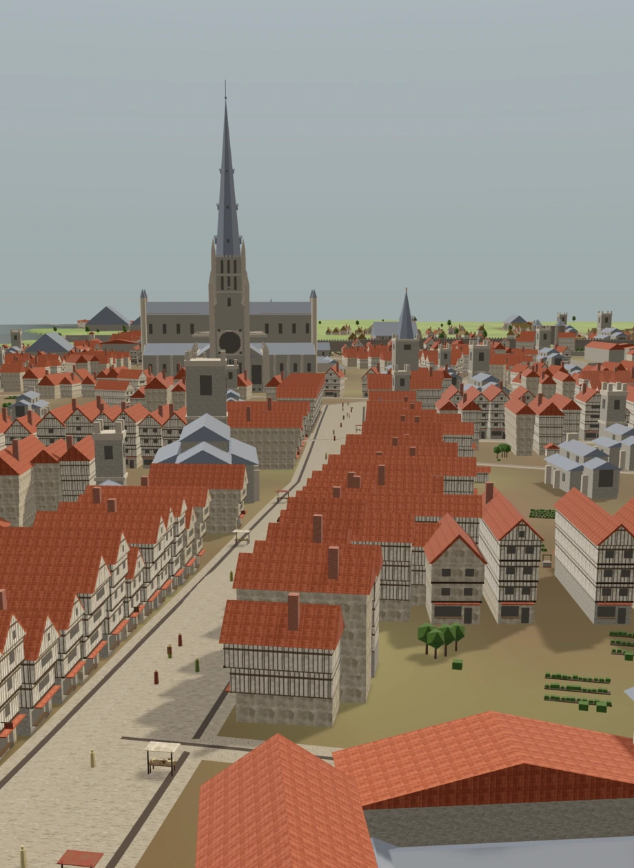 Looking west down Cheapside in 1500: timber-framed houses with red tile roofs line the street, and the spire of Old St Paul's rises at the end.