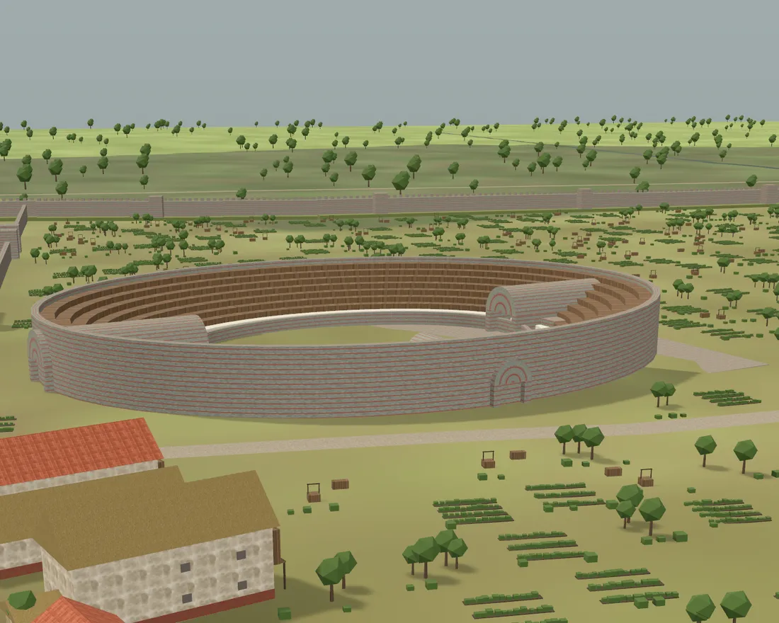 The amphitheatre of Londinium, an oval of stone seating among fields and tiled buildings.