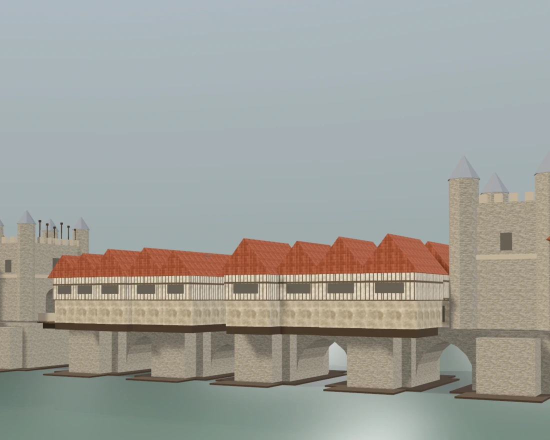 London Bridge in 1500, its stone arches carrying tall timber houses over the Thames.