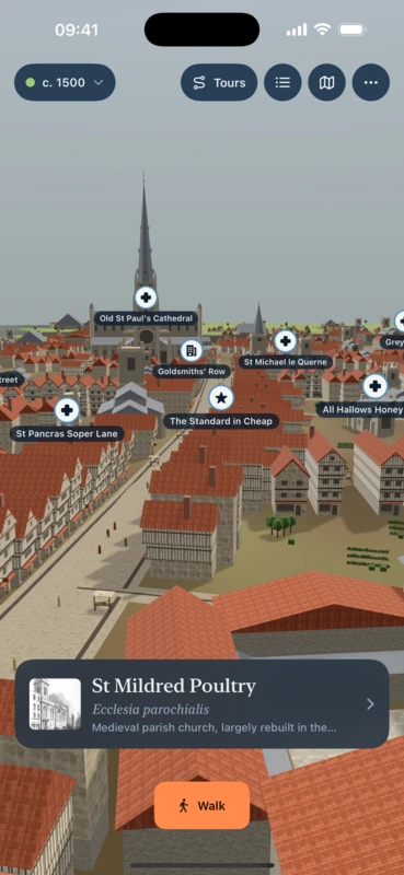 The app showing Cheapside in 1500 from above, with Old St Paul's in the distance and a card for St Mildred Poultry.