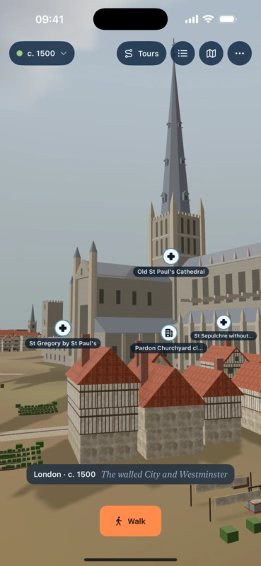 Old St Paul's Cathedral with its tall spire, rising over timber-framed houses.