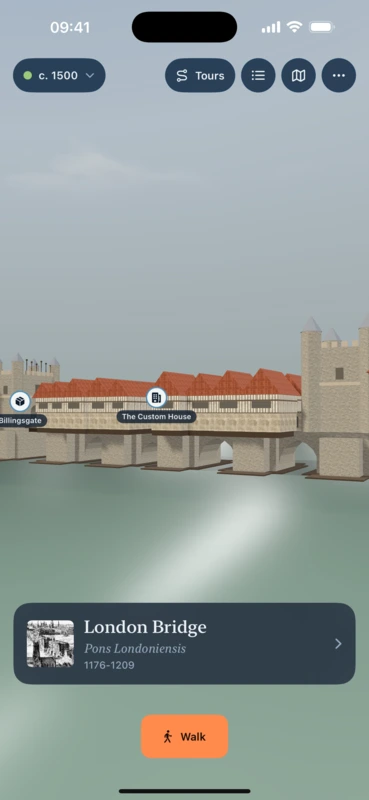 London Bridge seen from the river, lined with houses on its arches.