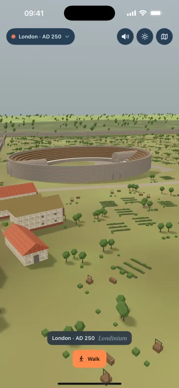 The Roman amphitheatre of Londinium among fields and tiled buildings.